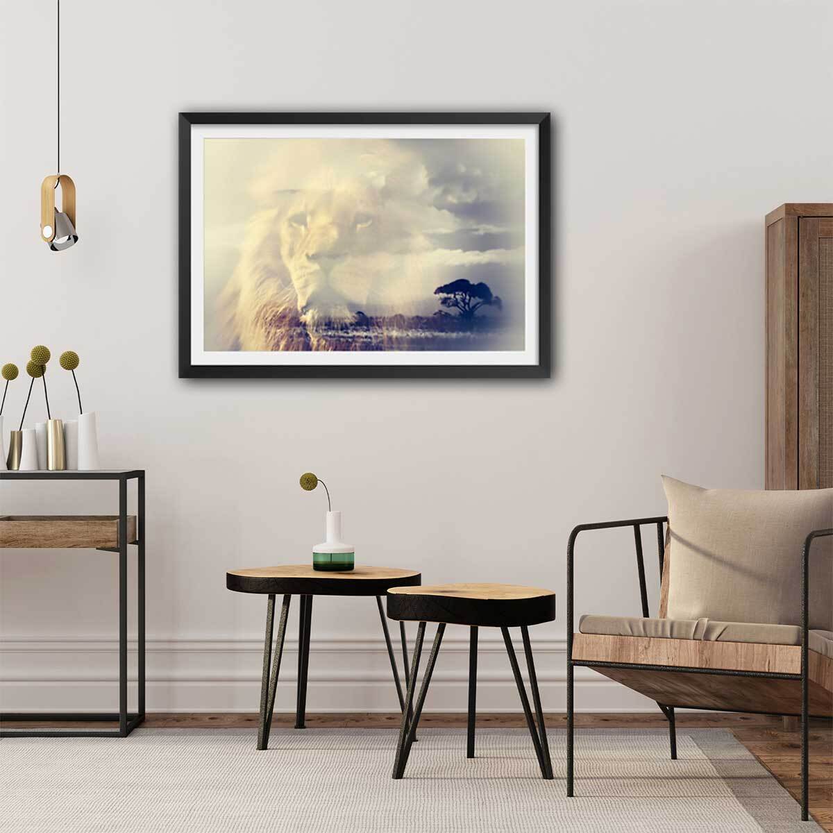 Affiche animaux lion and mount kilimanjaro Affiche sous cadre noir