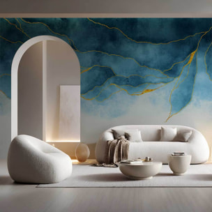 Papier peint aquarelle bleu et or effet luxe artistique Intissé