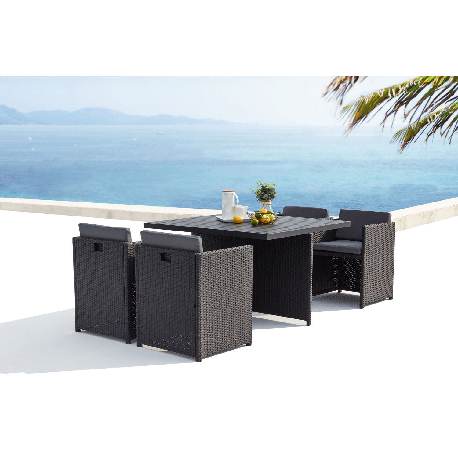 Table et chaises 4 places encastrables alu et résin noir-gris ABASA