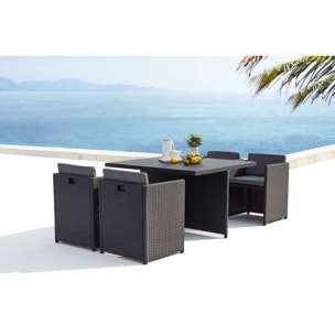 Table et chaises 4 places encastrables alu et résin noir-gris ABASA