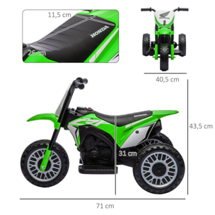 Moto Eléctrica con Licencia Honda CRF450RL para Niños de +18 Meses Motocicleta de Batería 6V con Velocidad 3 km/h Bocina y Sonido de Arranque Carga 25 kg 71x40,5x43,5 cm Verde