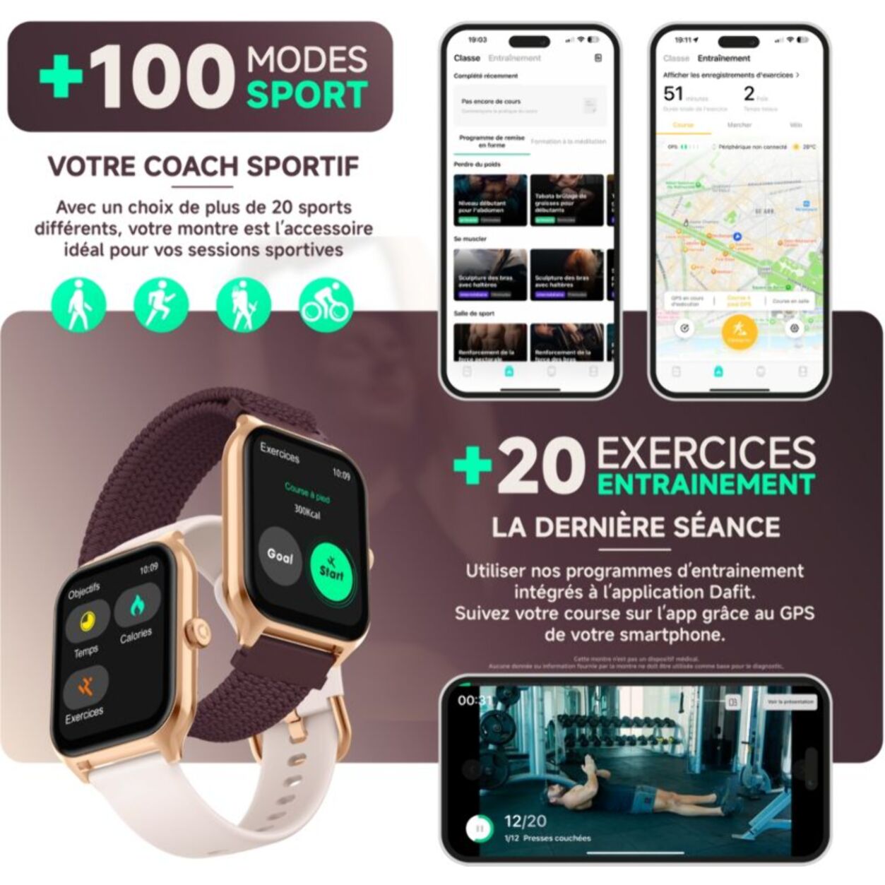 Montre connectée ECHO Rainbow ProS OrRose Silicone+BordeauNylo