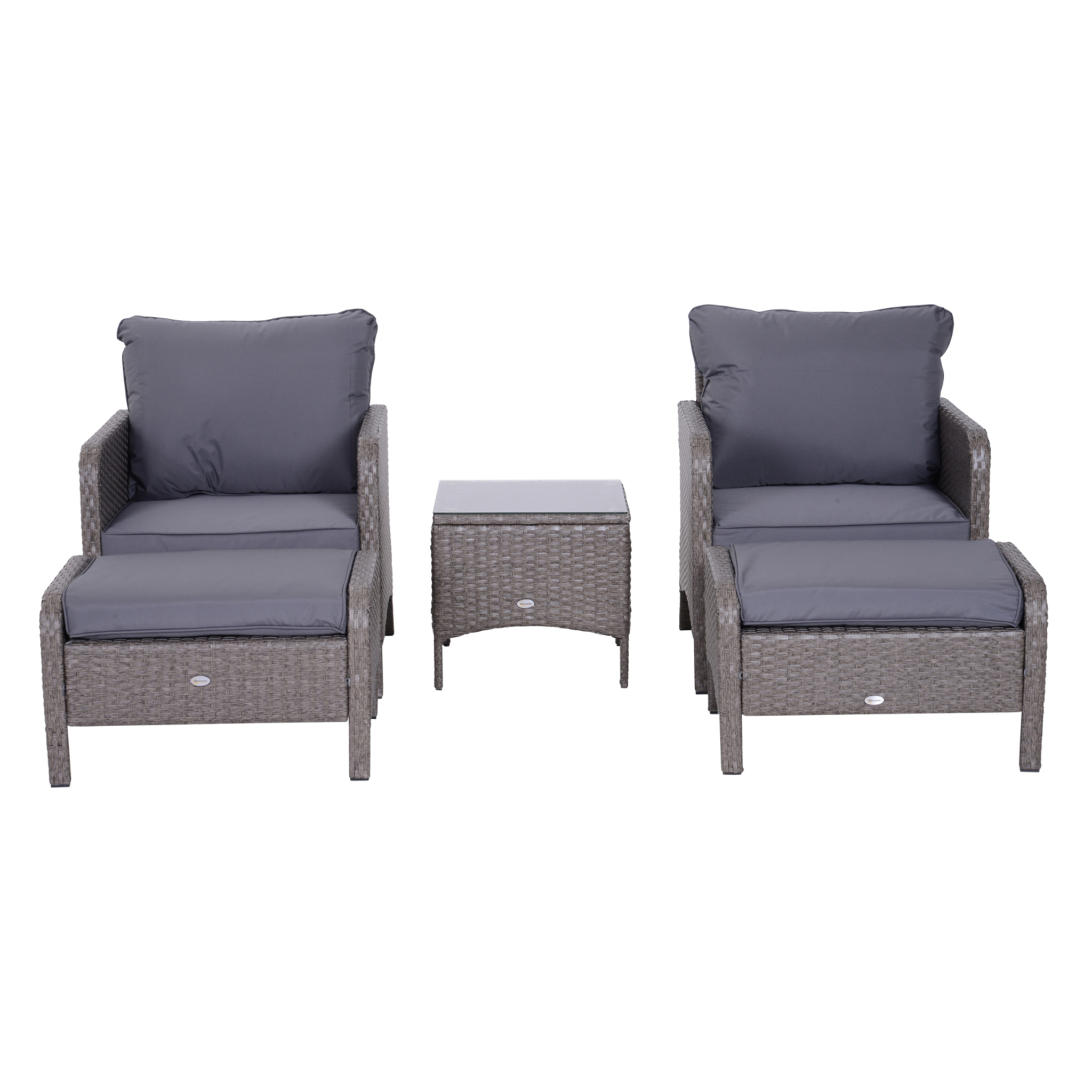 Outsunny Lot de 2 fauteuils de jardin grand confort repose-pied table basse résine tressée imitation rotin coussins gris