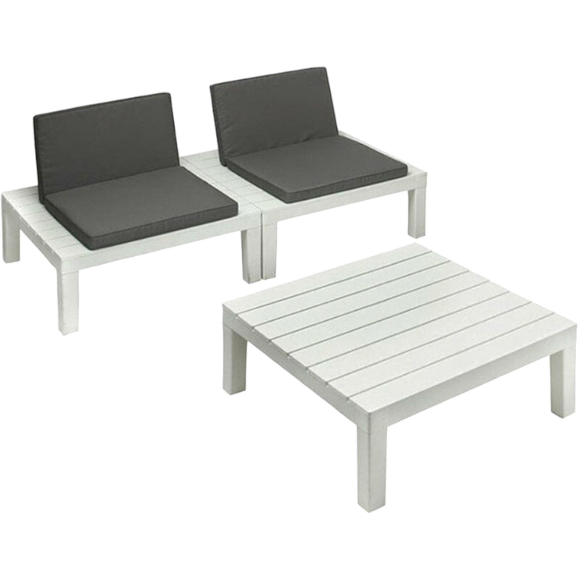 Set salotto da esterno Ermes, Composizione da giardino con 4 sedute con schienale ed 1 modulo multifunzione, Salottino con cuscini, 100% Made in Italy, Bianco