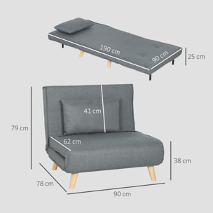 Sofá Cama de 1 Plaza 3 en 1, Sillón Cama Plegable Tapizado en Lino Sintético, con Respaldo Ajustable en 6 Niveles, Almohada, Asiento Ancho, Patas de Madera, 90x78x79 cm, Gris