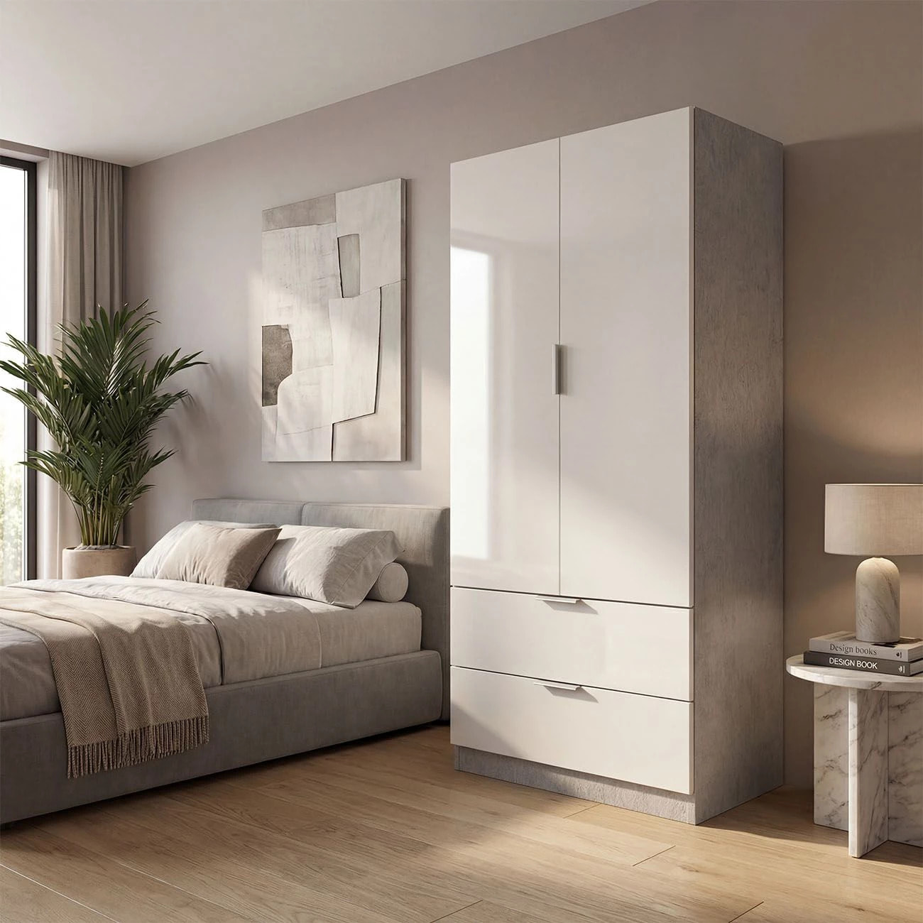 Armario de 2 puertas y 2 cajones en gris cemento y blanco artik 81,5x180 cm Lark Gris cemento - Blanco mate