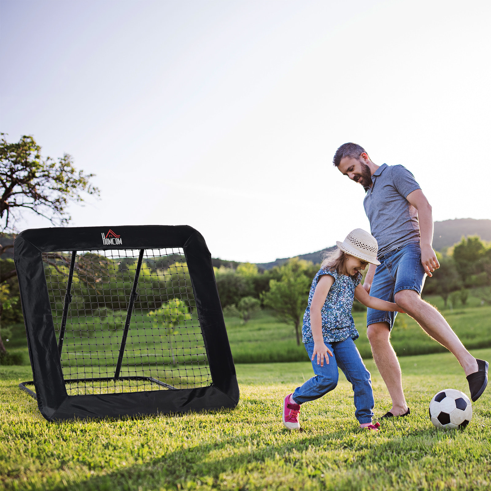 HOMCOM Rebounder Pieghevole e Regolabile da Esterno per Calcio, Baseball e Pallavolo, 128x118x108-120 cm, Nero