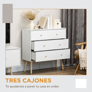 Cómoda con 3 Cajones Cajonera de Dormitorio con Patas de Madera de Pino para Salón Oficina Habitación Carga 70 kg 80x30x80 cm Blanco