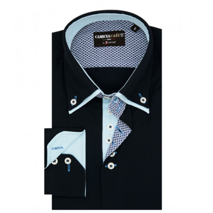Camicia Uomo 2 Bottoni Button Down Doppio Collo 7 Bottoni Slim Cotone Poliestere Unito Blu