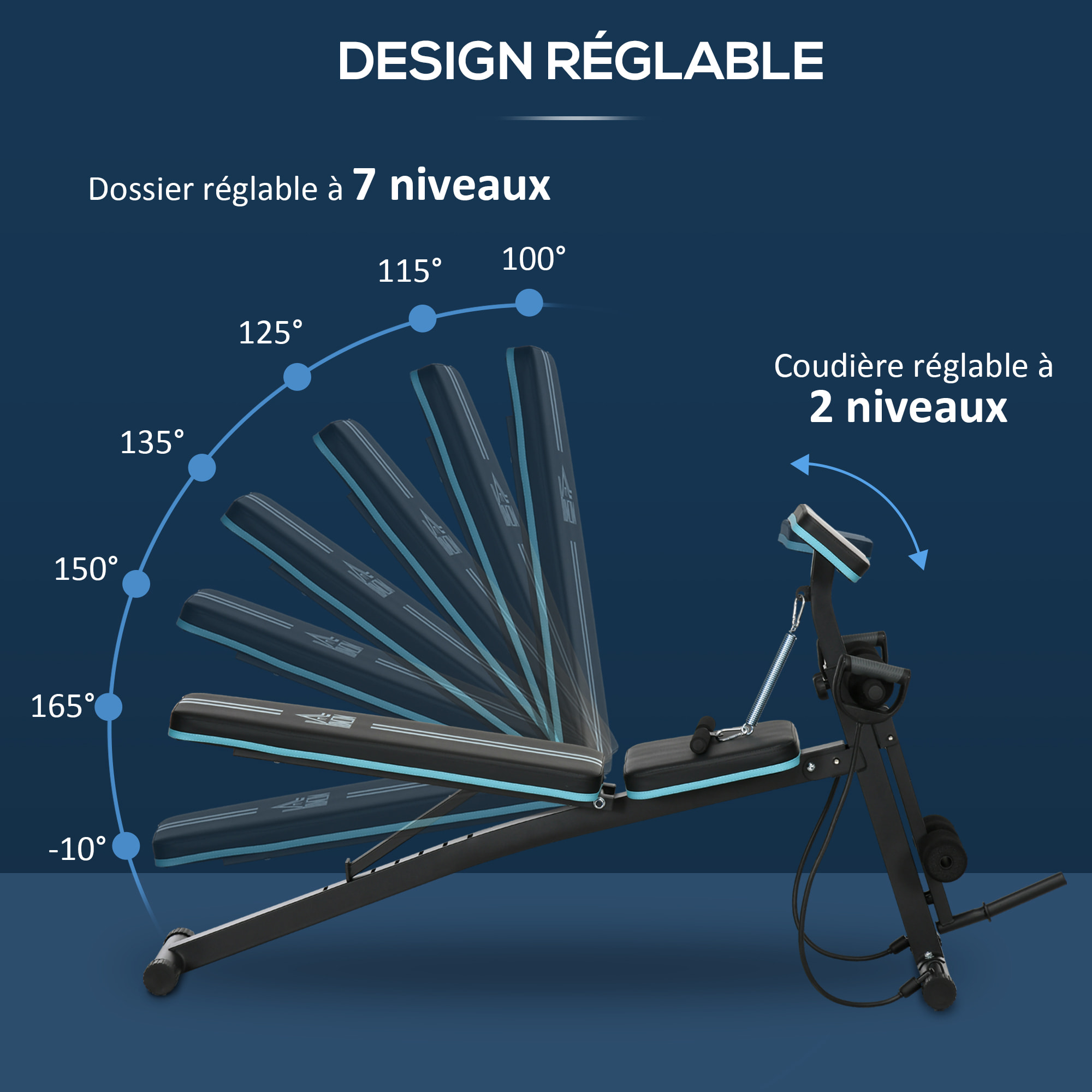 Banc de musculation pliable inclinable réglable sangles élastiques + support haltères inclus acier noir bleu