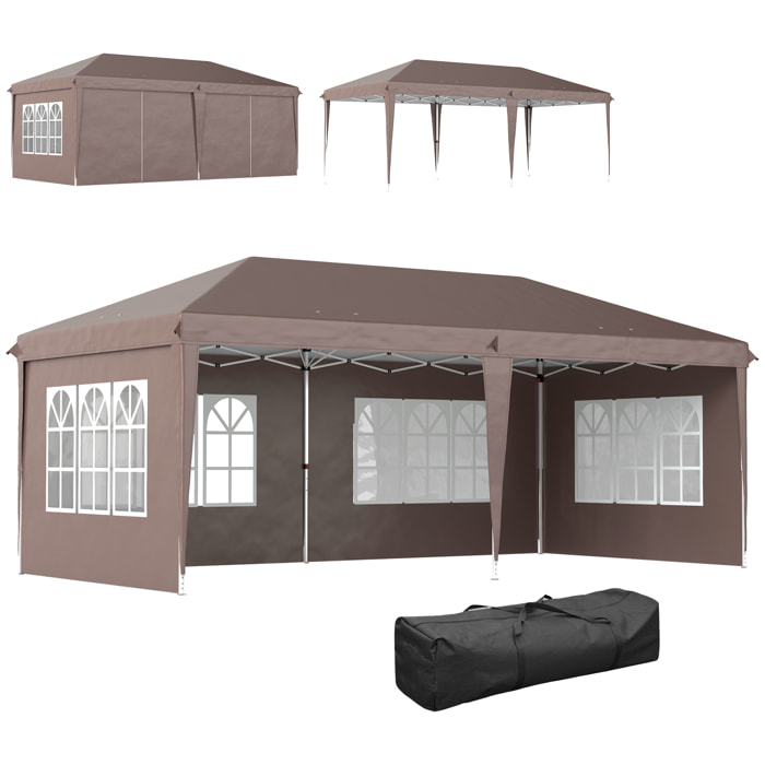 Carpa Plegable 6x3 m, Pop-up, con 4 Laterales Desmontables, Cenador de Jardín con 4 Ventanas Visibles y Bolsa de Transporte, Impermeable, Anti-UV, Gazebo para Camping, Fiestas, Exterior, Café