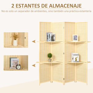 Biombo de 4 Piezas de Bambú Biombo Separador de Ambientes Plegable con 2 Estantes Extraíbles Divisor de Habitaciones Dormitorio 180x180 cm Natural