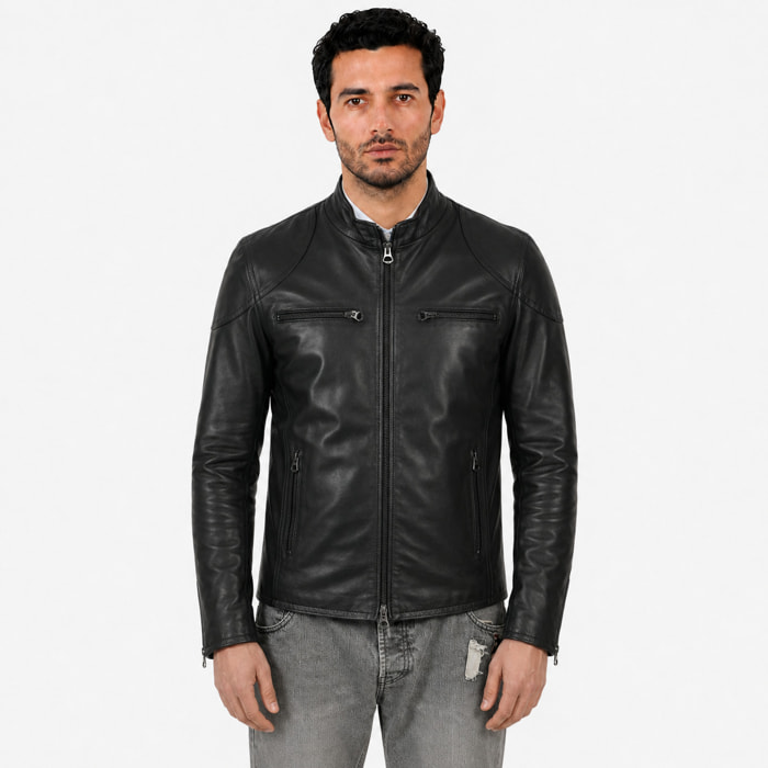 Giubbino in pelle di vitello nappa Nero-Slim Fit