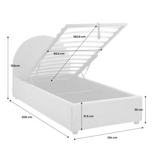 Lit coffre avec sommier à lattes et tête de lit. finition bouclette. blanc. L 206 x P 104 x H 102cm