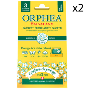 2x Orphea Salvalana Sacchetti Per Cassetti Protegge Lana Profumo di Fiori - 2 Confezioni da 3 Sacchetti