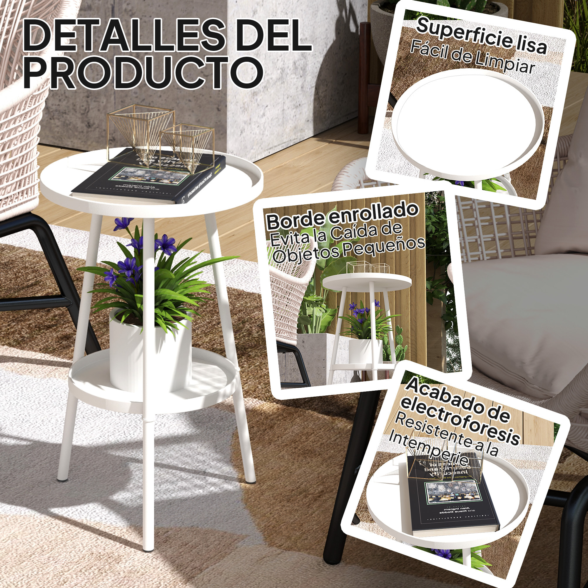 Mesa de Jardín Redonda de 2 Niveles Mesa de Terraza Exterior Ø32x51 cm con Bandeja Inferior y Estructura de Metal para Exterior e Interior Blanco