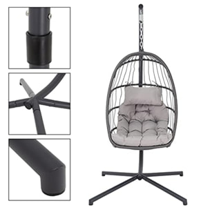 Poltrona Pensile Pieghevole Grigia in Rattan Interno Esterno, Amaca da Giardino Sospesa con Cuscino imbottito incluso