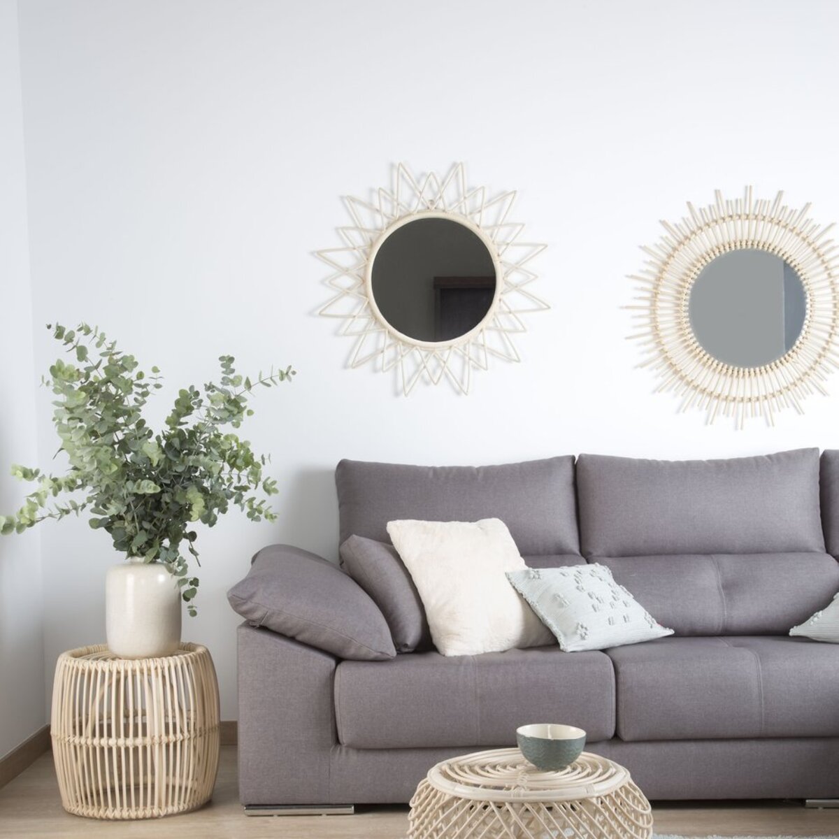 Aveiro miroir rond mural en rotin naturel