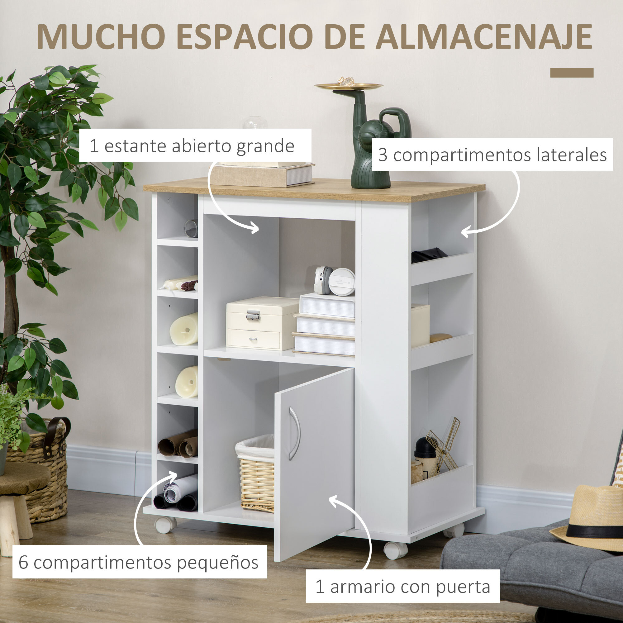 Aparador de Cocina con Ruedas Buffet de Comedor con Puerta y Compartimientos de Almacenamiento Mueble Auxiliar para Microondas de Estilo Moderno 75x39,5x88 cm Blanco