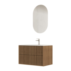 Meuble Salle de Bains YUKI 60 2 Tiroirs Décor Chêne et Noir - Vasque Blanche - Miroir Ovale 50x80