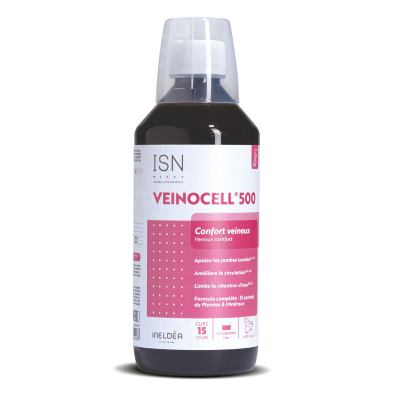 ISN - Veinocell® 500 - Complément alimentaire à base de plantes, minéraux - Vigne Rouge, Hamamélis, Mélilot - Confort circulatoire - Limite la rétention d'eau - Flacon 500ml
