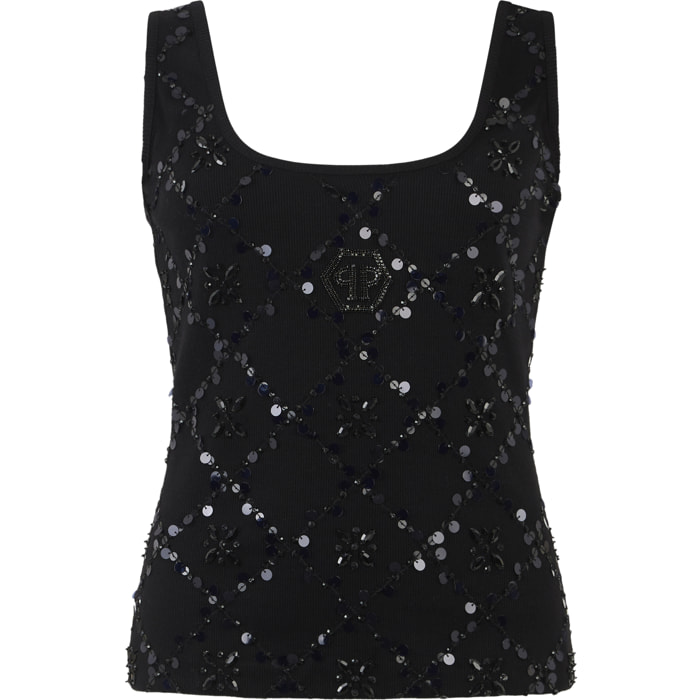 PHILIPP PLEIN Tank Top Rhomb Flower Strass