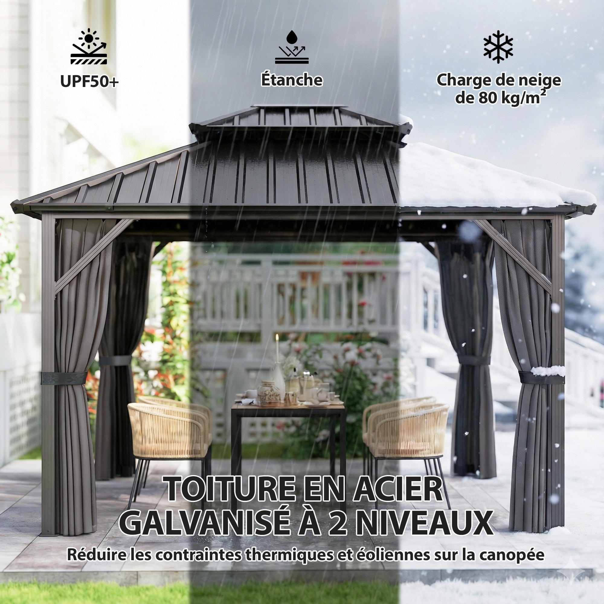 Pavillon de jardin  toit rigide - rideaux et moustiquaire - alu et acier - 3x3,6m - gris foncé