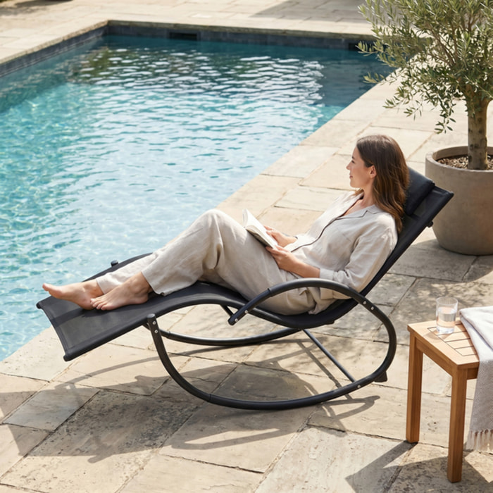Sedia sdraio dondolo da giardino in acciaio con tessuto textilene e cuscino imbottito, reclinabile e confortevole, resistente agli agenti atmosferici, ideale per relax su balcone terrazzo e giardino, stabile e durevole