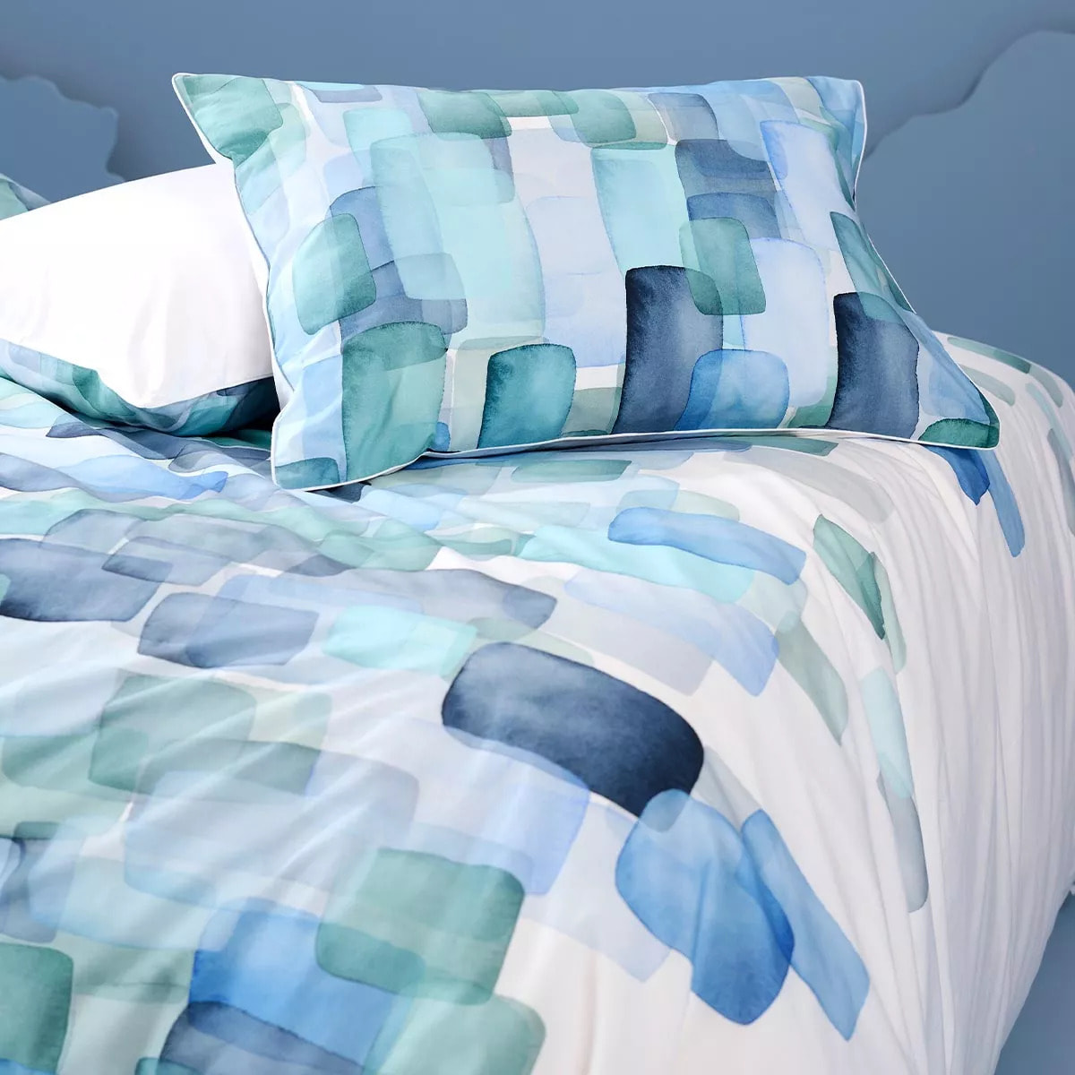 Lot de 2 taies percale de coton 115 g/m² imprimé bleu vert Ondine mineral