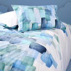 Lot de 2 taies percale de coton 115 g/m² imprimé bleu vert Ondine mineral