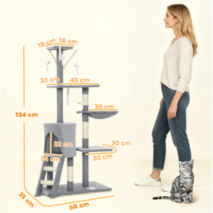 Árbol Rascador para Gatos Grande, Árbol para Gatos, Altura 134 cm, Torre de Escalada con 6 Postes de Sisal, 3 Plataformas, 1 Cueva, 1 Hamaca, 1 Escalera, 4 Juguetes Colgantes, Gris