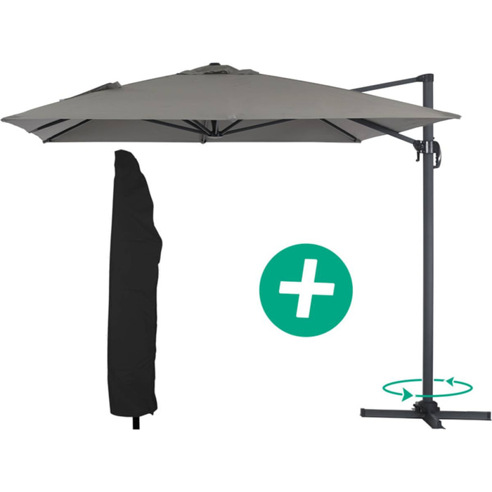 Parasol jardin déporté Alu "Sun 4" - Rectangle - 3 x 4 m + Housse de protection - Gris