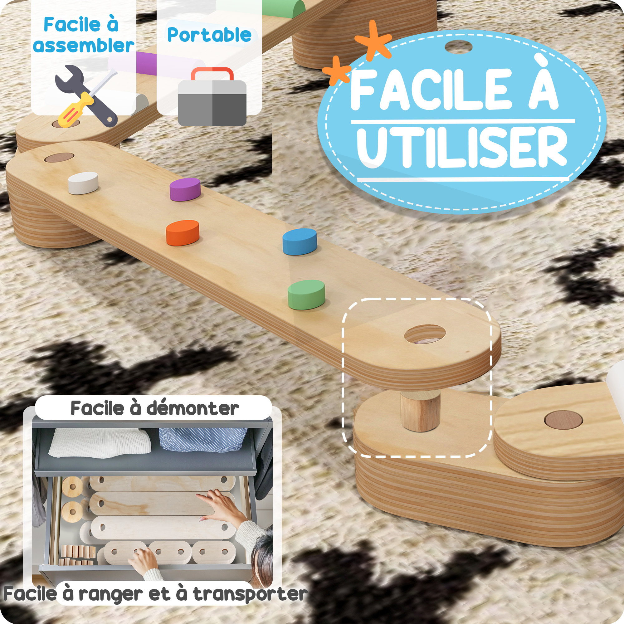 Poutre d'équilibre enfant en bois - pierres d'obstacle colorées - intérieur extérieur