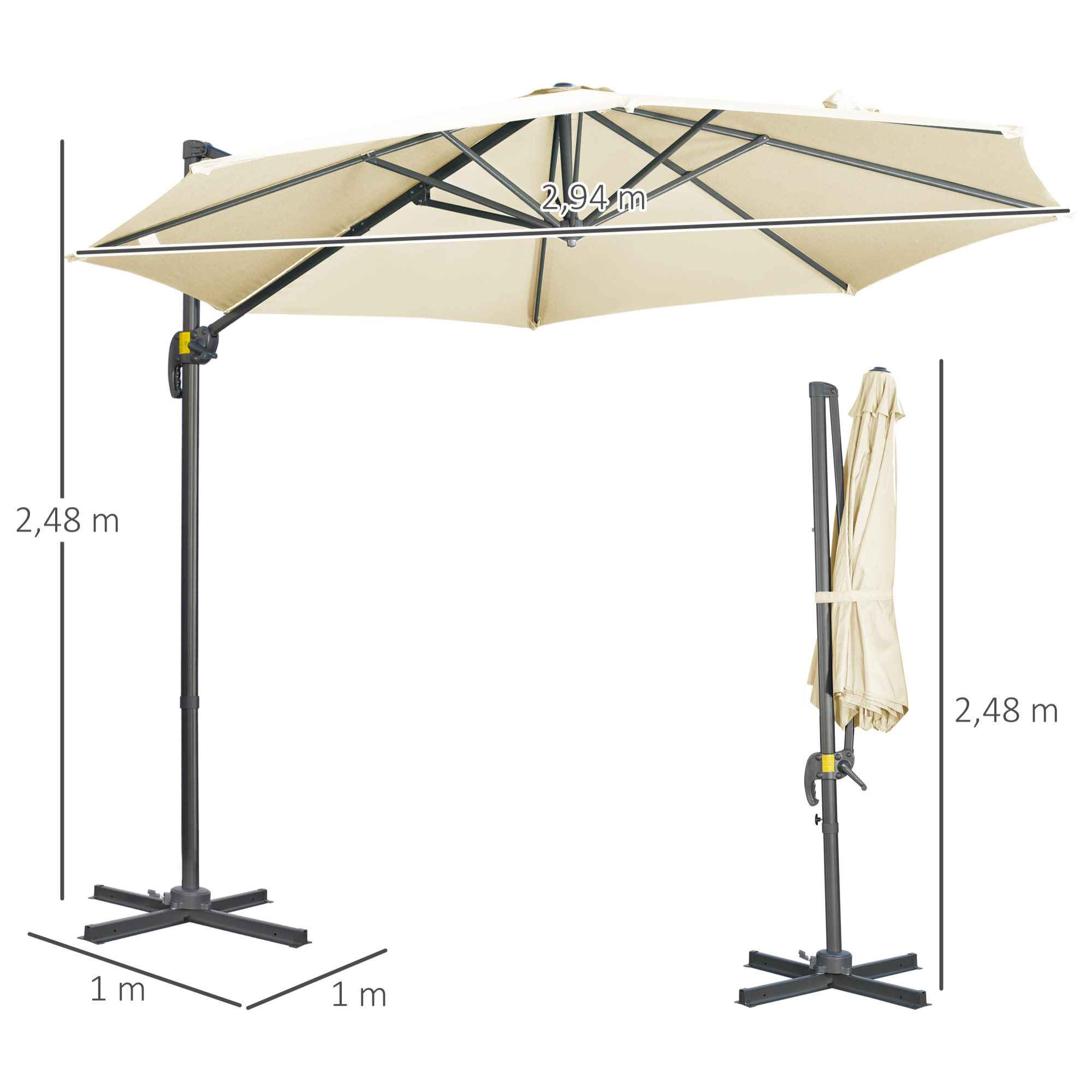 Parasol déporté octogonal inclinable manivelle avec pied en acier Ø 2,94 x 2,48H m beige clair