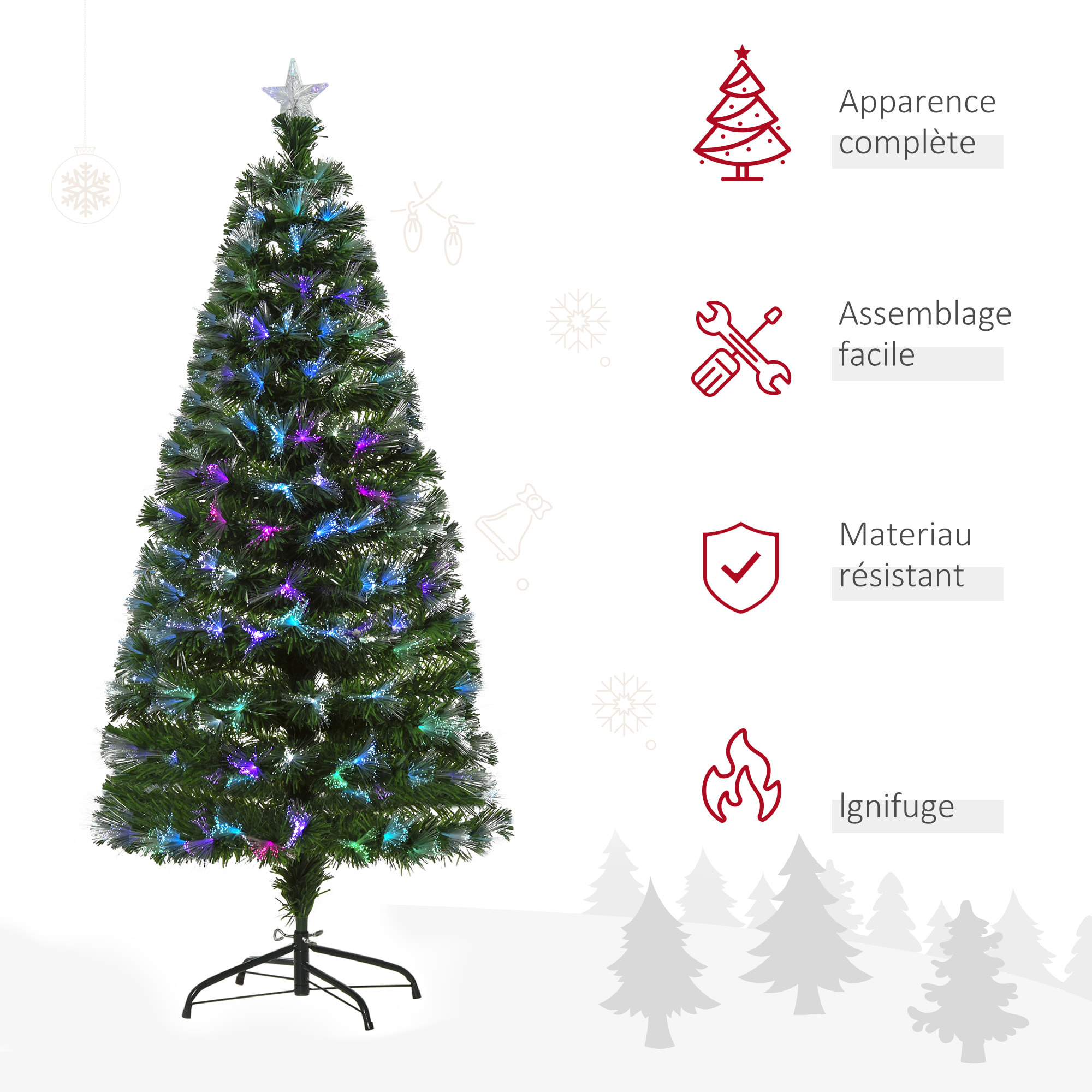 Sapin de Noël artificiel lumineux fibre optique LED multicolore + support pied Ø 74 x 150H cm 180 branches étoile sommet brillante vert