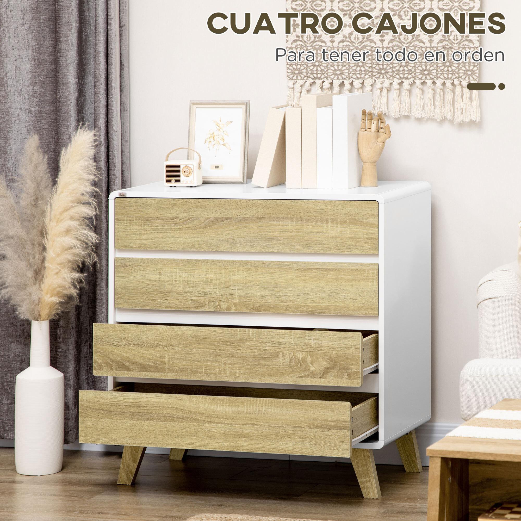 Cómoda con 4 Cajones Cajonera de Madera Cajonera para Armario con Patas Elevadas para Salón Dormitorio Oficina 80x40x79,5 cm Blanco y Roble