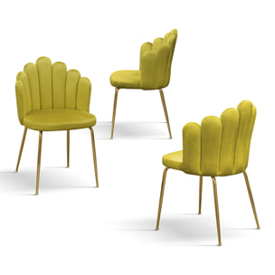 Set di 4 sedie LILLE in tessuto effetto velluto giallo ocra e gambe in metallo color oro