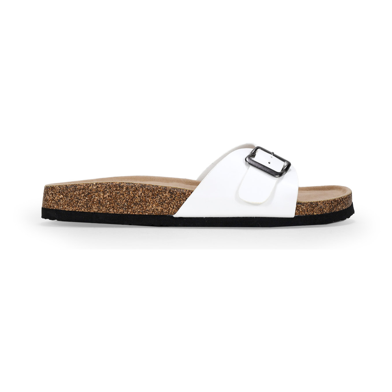 Sandalias planas blancas con suela de corcho y hebilla