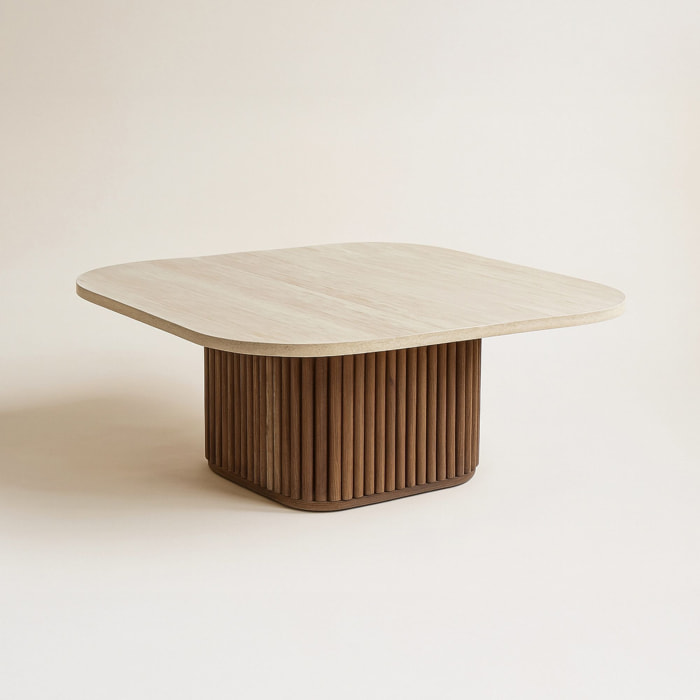 Table basse carré effet travertin et pied effet noyer 80cm ESTHER