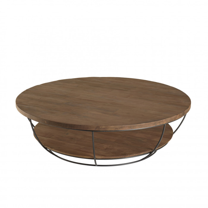 ALIDA - Table basse coque ronde 120x120cm double plateau Teck recyclé métal noir