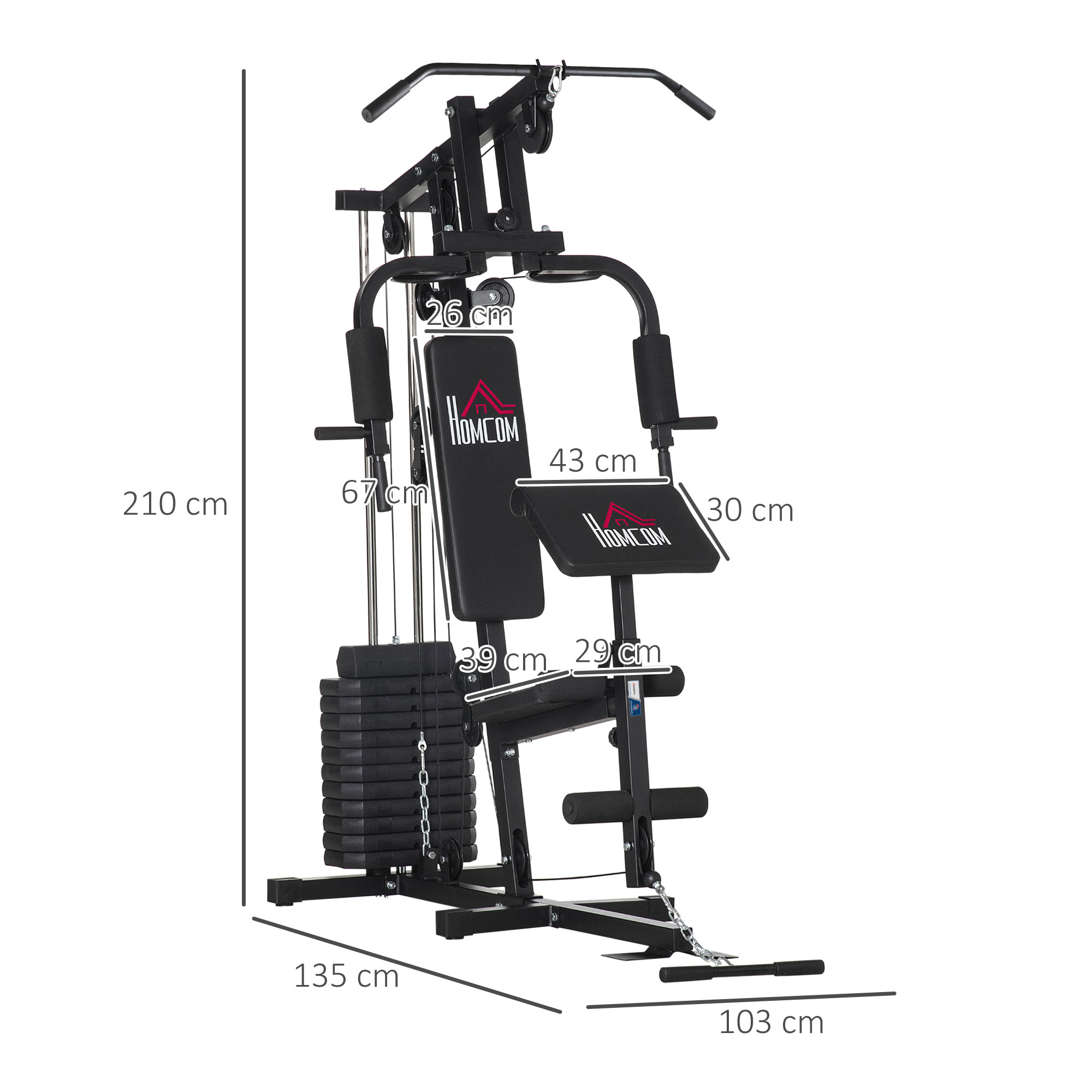Station de musculation - entrainement complet - développé couché, butterfly, barre latissimus, curler, bande résistance - 12 contrepoids - acier noir