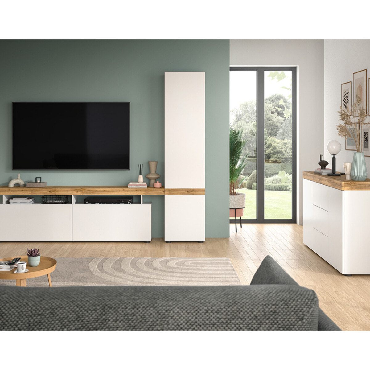 Olivier - buffet bas - 2 portes et 3 tiroirs - blanc et bois - 125 cm - Bois