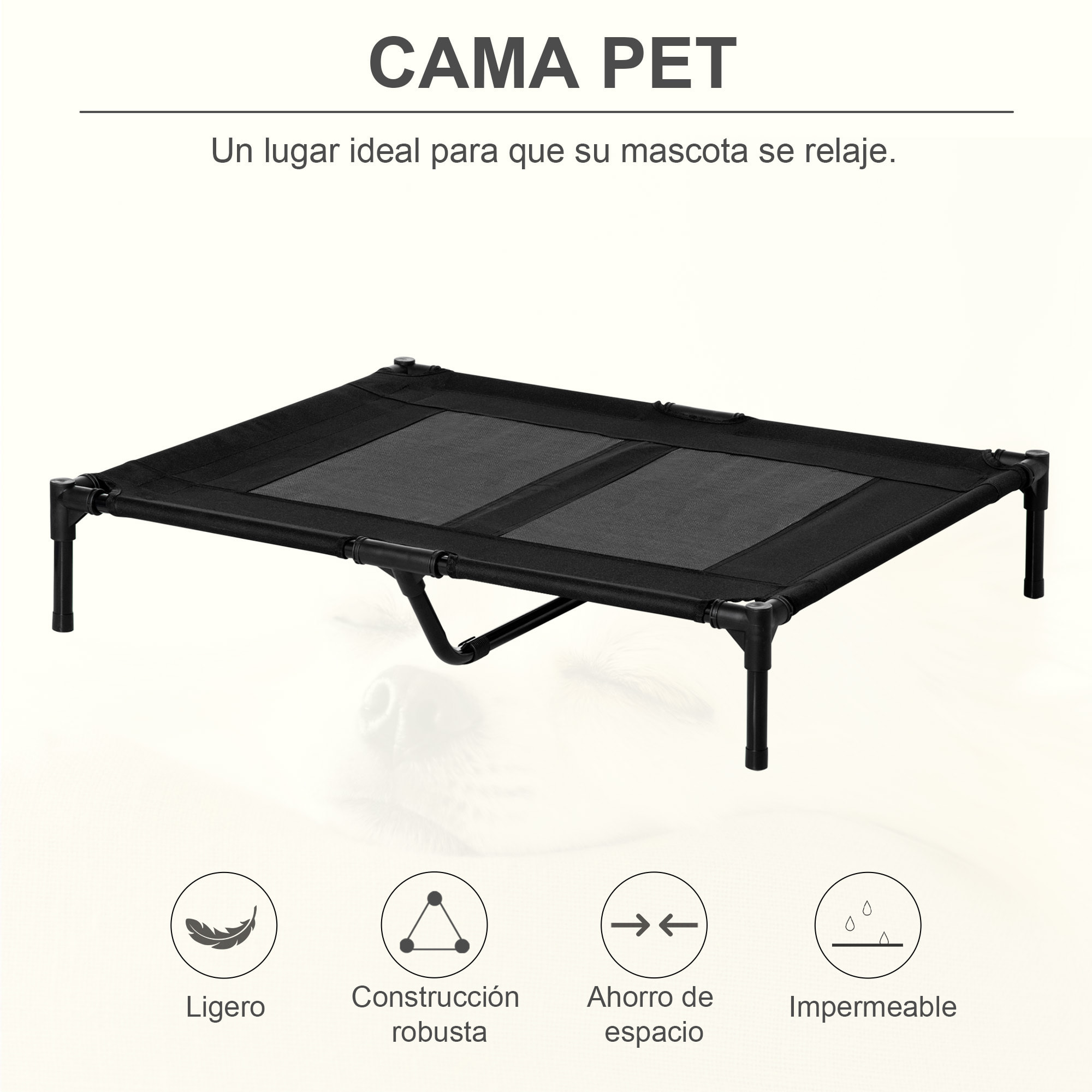 Cama Elevada para Perros Gatos Portátil Cama para Mascotas con Zona de Malla Transpirable y Tela Oxford para Interior Exterior 92x76x18 cm Negro