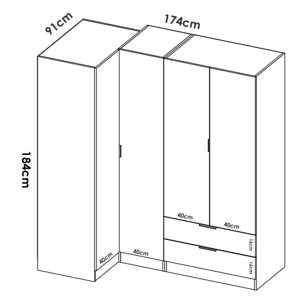 Guardaroba Sillara, Mobile angolare per camera da letto, Armadio appendiabiti ad angolo a 4 ante battenti, 174x91h184 cm, Rovere