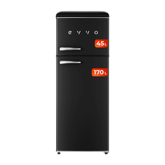 EVVO Frigorífico 2 puertas F45 Retro Negro, refrigerador 170 litros, congelador 45 litros, diseño vintage, cajón Crisper Zone, libre de gas CFC, silencioso