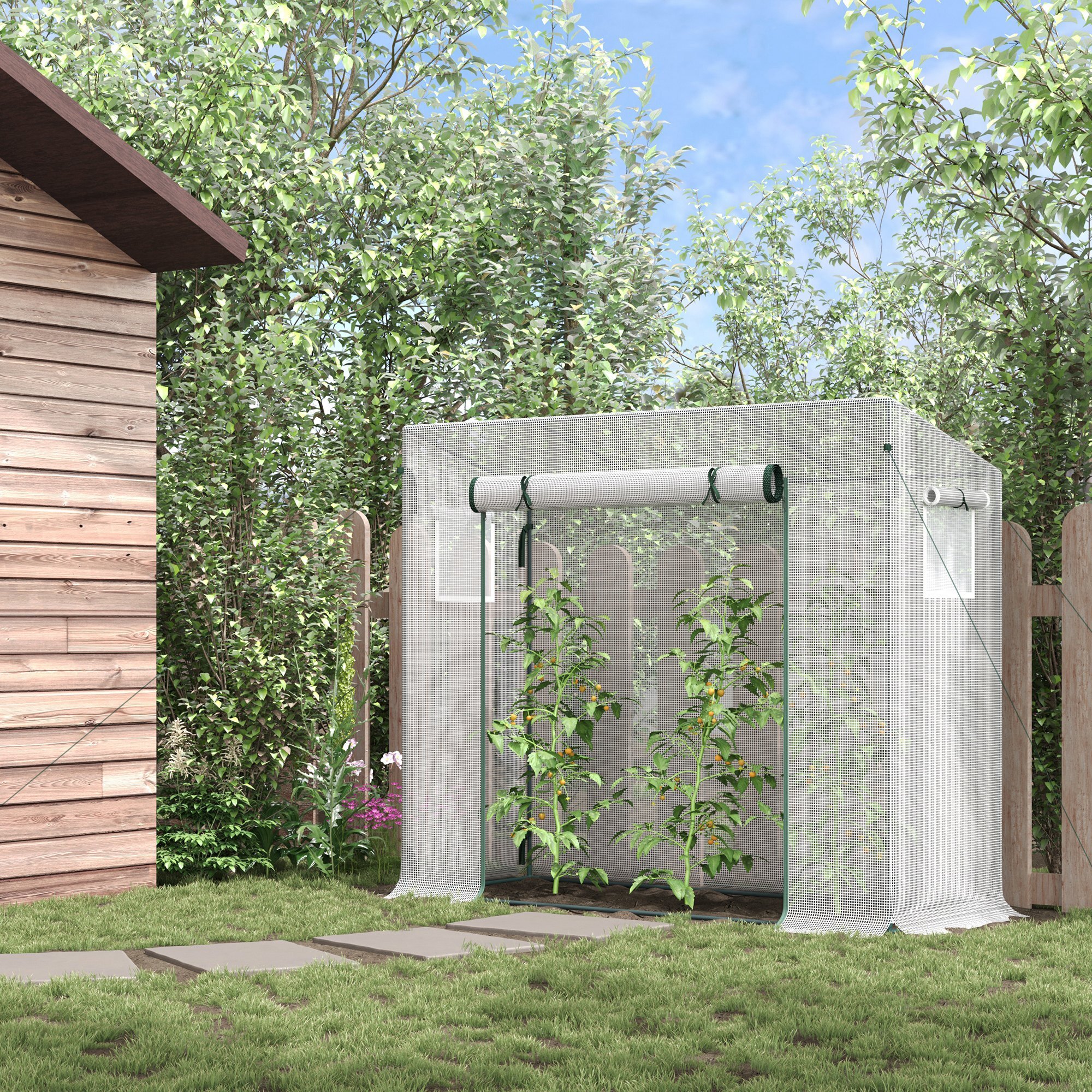 Serre de jardin 2 fenêtres moustiquaires porte enroulable zippée dim. 200 x 76 x 168 cm acier PE blanc
