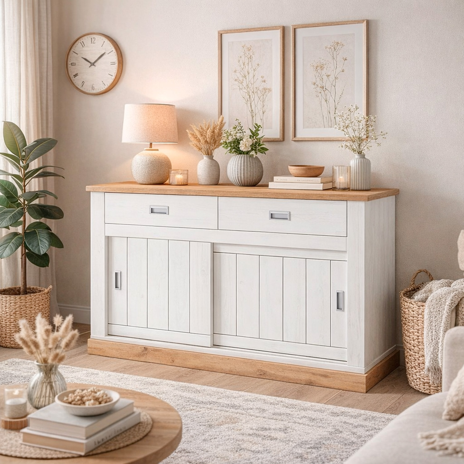 Madia Credenza Mobile Soggiorno Con 2 Cassetti E 2 Ante Scorrevoli 4 Ripiani Interni Design Minimal Shabby 150 x 50 x 95.5 Cm Colore Bianco E Rovere