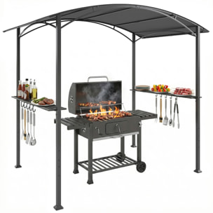 Carpa Barbacoa 2,4 x 1,5 m, Cenador de Pérgola con 2 Estantes Laterales, Toldo Resistente a la intemperie, Ganchos y Estructura de Acero, para Jardín Terraza Exterior Camping BBQ, Gris Oscuro