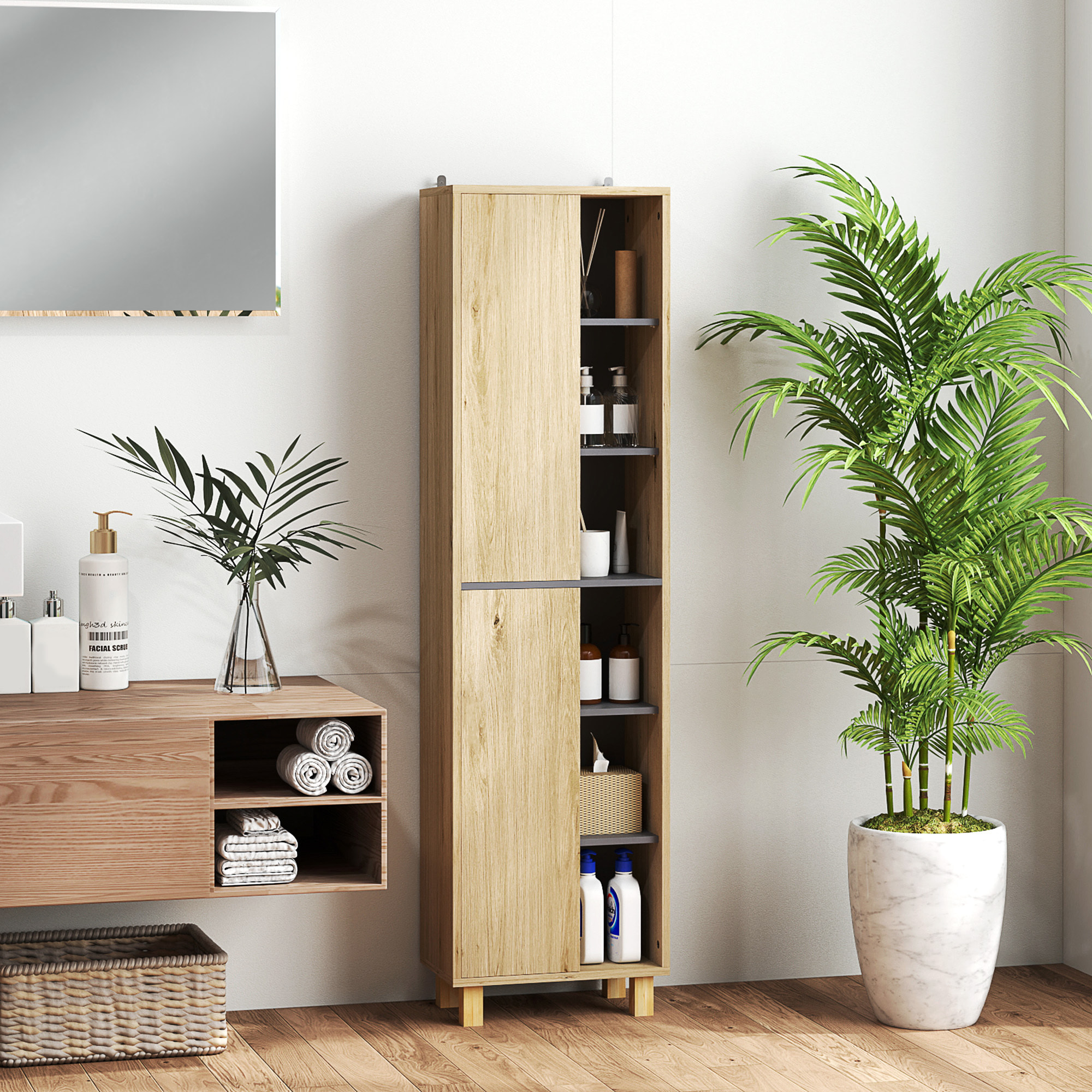 Colonne salle de bain design H.148 cm - 2 portes, 4 étagères, 6 niches - gris effet bois clair naturel