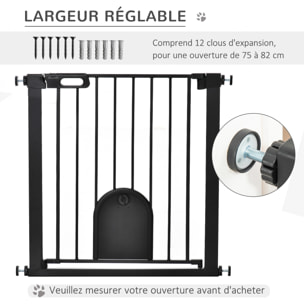 Barrière de sécurité animaux de 76H cm barrière chien chat avec porte fermeture automatique système de double verrouillage fixation par pressionde de 75 à 82 cm acier et ABS noir